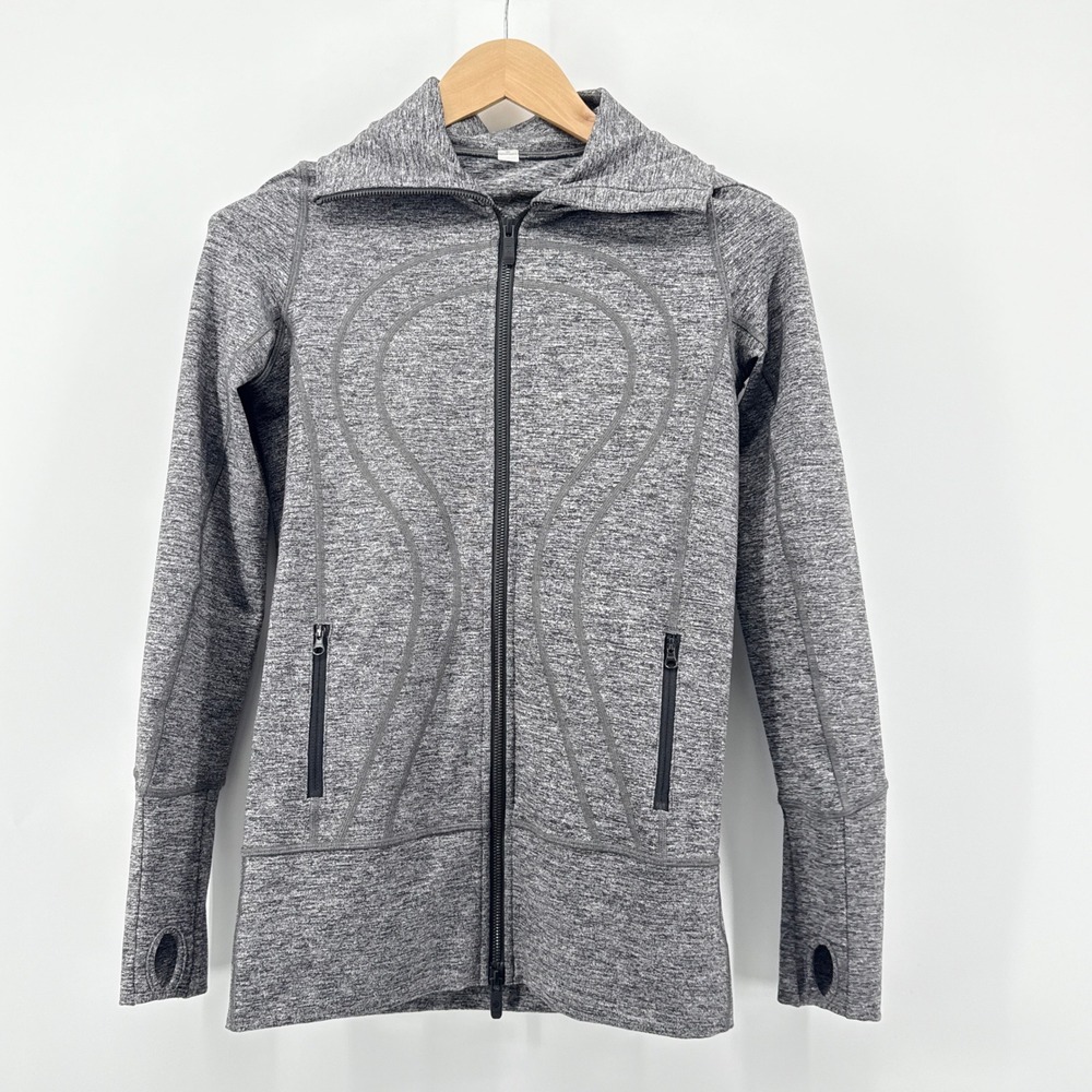 Lululemon Stride Jacket II With Hood Thumbhole Zip Up Gray Activewear SZ 4